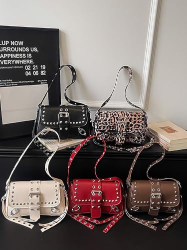 Y2K Trendy Purse for Women, Leather Buckle Punk Hobo Clutch Purses Bags for Ladies Top Handle Shoulder Bag - color: Brown Silver