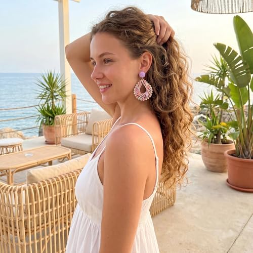 Woven Raffia Rattan Earrings for Women, Boho Flower Hoop & Drop Dangle Earrings Collection, Handmade Summer Beach Vacation Statement Earrings for Party Daily Wear - color: Rainbow Woven Hoop