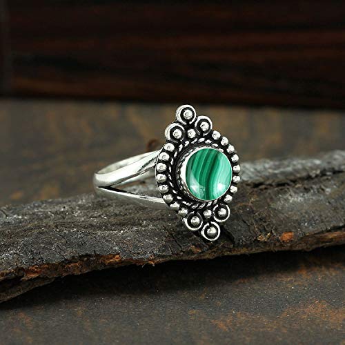 Round Shape Natural Gemstone Vintage Style Handmade Rings for Women - 925 Silver Overlay Handmade Birthstone Ring Jewelry Gift for Her Mom Wife Sister - color: Malachite