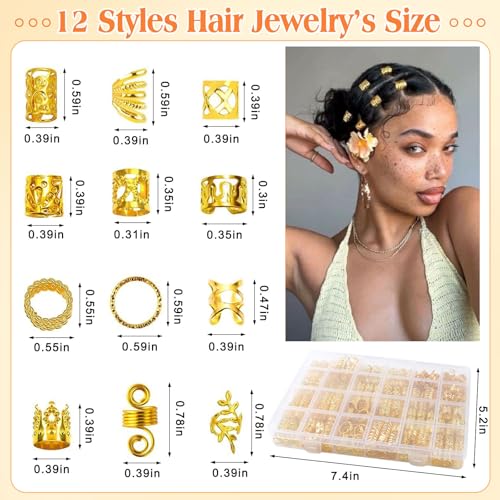 300 Pcs Gold Hair Jewelry for Braids,12 Styles Dreadlock Accessories, Adjustable Metal Hair Clips, Hair Cuff Coils Rings Braiding Decorations for Women Men - color: Gold