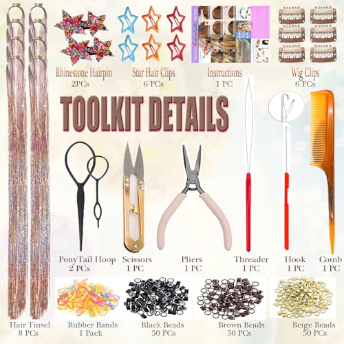 Celinebella Starry Pink Hair Tinsel Kit, 48" 2000 Strands Galaxy Fairy Hair | Dreamy galaxy starry pink shade, full tool kit included, heat resistant, perfect for wedding prom festival photography - color: 03-Galaxy Pink, size: 48 Inch Pack of 8 PCs