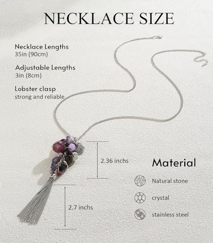 Noessla Boho Long Pendant Necklaces for Women Silver Tassel Long Necklace Sweater Chain Mothers Day Gifts Silver Costume Jewelry for Women - color: Purple