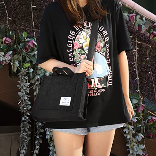 WantGor Tote Bag for Women, Corduroy Crossbody Bags Shoulder Handbag Small Satchel Hobo Bag Purse - color: Black
