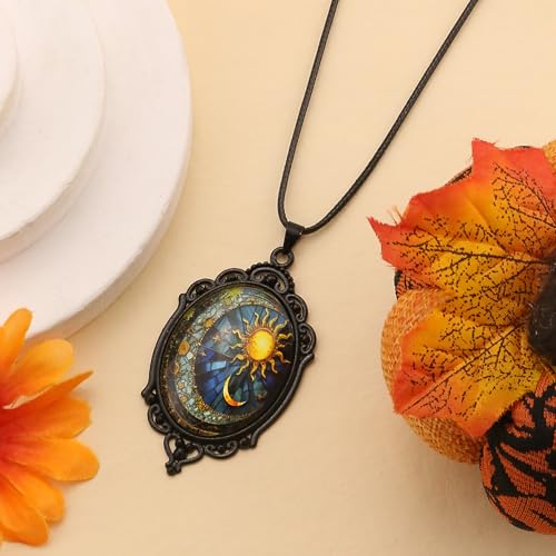 Halloween Gothic Witch Necklaces Cross Glass Pendant Necklace for Women Punk Vintage Black Dark Oval Cameo Necklace Witch Emo Necklaces Halloween Jewelry Witch Accessories 2025 - style: Sun and Moon
