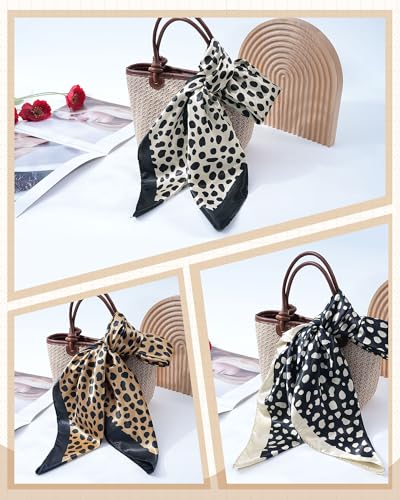 Mesovor 35” Square Head Scarf for Women, 3 Pack Like Silk Satin Headscarf Hair Neck Scarf Top Bandanas for Sleeping - color: Leopard(beige/Brown/Black)
