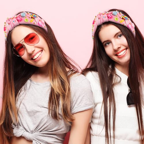 PANTIDE Candy Jeweled Knotted Headband - Valentine's Day Rainbow Lollipop Rhinestone Embellished Preppy Headband Non Slip Wide Top Knot Hairband Hair Accessories Birthday Gift for Women Girls (Pink) - color: Pink Candy