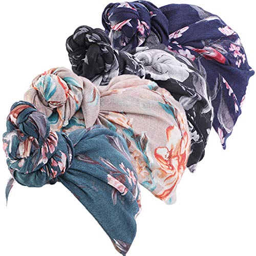 Qianmome Womens Big Flower Turban Beanie Elegant Cap Head Wrap Stretch Long Hair Scarf Headscarf - color: 4pieces-25-style 2