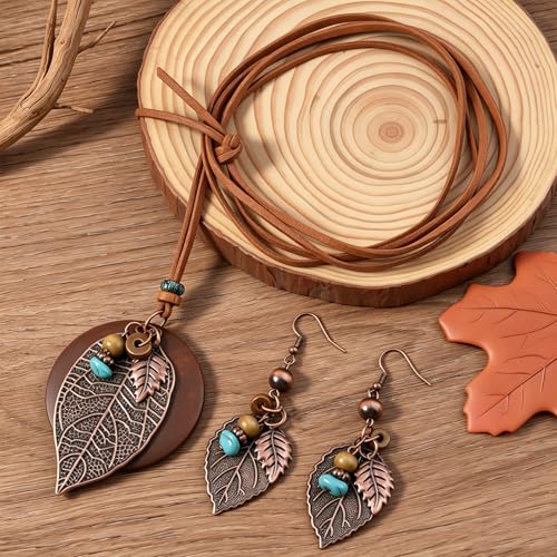 Wooden Leather Necklaces Set Bohemian Wood Stack Discs Long Chain Hemp Rope Bronze Plated Pendant Ethnic Tribal Fall Leaf Earrings Jewelry Statement Necklace - color: R-020