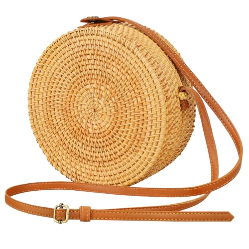 Boho Rattan Crossbody Bag, Handwoven Round Rattan Bag Purse for Women, Tote Basket Circle Boho Bag for Travel Summer Picnic - style: Rattan Bag With Adjustable Strap