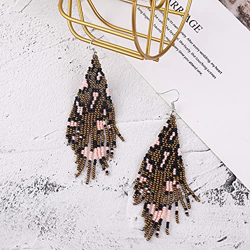 Long Beaded Tassel Earrings - Bohemia Colorful Bead Handmade Beaded Tassel Earrings，Gifts and Christmas - color: Brown leopard