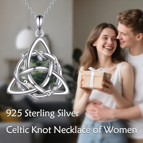 Sterling Silver Celtic Triangle Knot Moss Agate Women's Pendant Necklace Round Moss Agate Twig Knot Necklace Pendant Jewelry Gift Birthday Valentine's Day Christmas for Her