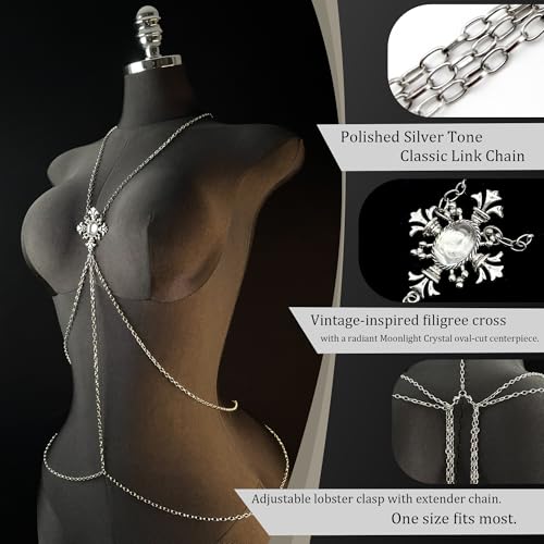 Paloli Gothic Cross Body Chain for Women – Silver Tone Adjustable Waist Body Jewelry, Vintage Filigree Y-Style Harness Necklace for Festival Party Outfit - style: MoonLight Crystal