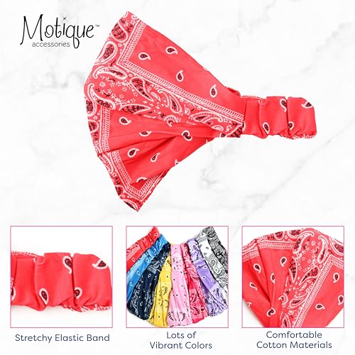 Motique Accessories Wide and Stretchy Cotton Bandana Headwrap, Multiple Colors (Red Paisley, Medium) - color: Red Paisley