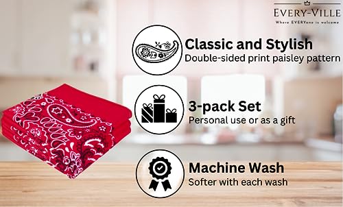 Classic Paisley Bandanas - 3 Pack Gift Set, 100% Cotton, 22x22 Inches - color: Red