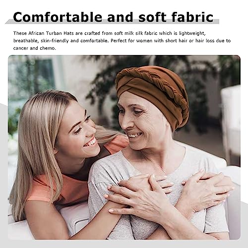 African Women Turban Caps Beanie Pre-Tied Twisted Braids Headwraps for Women Head Scarf Chemo Cancer Headwear Cap - color: 3 Pack Twisted Braid: Dark Grey/White/Dark Brown