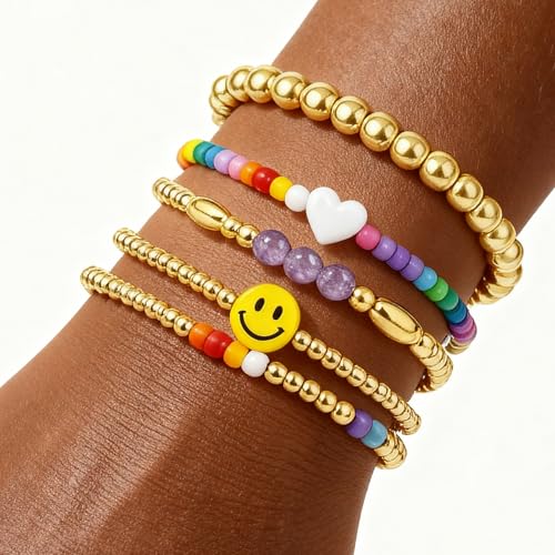 Gold Beaded Bracelets for Women: 14K Gold Bracelets for Women Trendy Dainty Gold Ball Bracelet Stack for Womens - Boho Stretch Bracelets Jewelry Sets with Cross Fashion Accessories Gifts for Women - style: Orange Heart