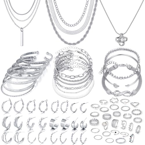 IFKM 36 PCS Silver Plated Jewelry Set with 3 PCS Necklace, 12 PCS Bracelet, 7 PCS Ear Cuffs Earring, 14 Pcs Knuckle Rings for Women Valentine Anniversary Birthday Friendship Gift - color: Trendy Silver Set