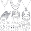 IFKM 36 PCS Silver Plated Jewelry Set with 3 PCS Necklace, 12 PCS Bracelet, 7 PCS Ear Cuffs Earring, 14 Pcs Knuckle Rings for Women Valentine Anniversary Birthday Friendship Gift - color: Trendy Silver Set
