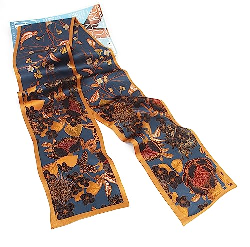 ANDANTINO 100% Silk Scarf for Women 59”*6.3” Long Shawls for Headscarf and Neck- Oblong Hair Wraps with Gift Packed - color: Navy-flower&birds