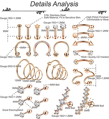 REVOLIA 32Pcs Stainless Steel Cartilage Stud Earrings for Women Conch Helix Tragus Daith Conch Hoop Earing Piercing Jewelry Set - color: Rose-Gold tone