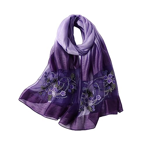 WINCESS YU Women Mulberry Silk Scarf Long & Large Embroidered Floral Pattern Shawl and Wraps Neckerchief for Hair & Neck - color: Gradient Purple