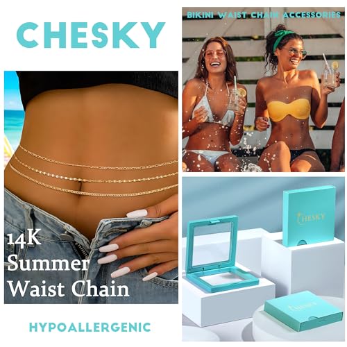 CHESKY 14K Gold Plated Silver Plated Waist Chain for Women, Layered Belly Belt Chains Beach Waist Beads Chain Waterproof Snake Cuban Body Chain Summer Jewelry Accessories for Women - style: 3layer-gd