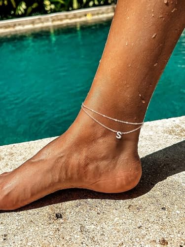 FaithHeart Initial Ankle Bracelets for Women, Waterproof 14k Gold Plated Initial Anklets Non Tarnish Stainless Steel Cute Layered Anklet Summer Beach Jewelry - color: Silver, size: Initial S