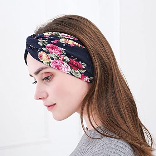 DRESHOW 6 Pack Boho Cotton Non-Slip Headbands for Women Girls Yoga Workout Running Knotted Turban Floral Elastic Head Wrap - color: 6 Pack Cross Flower Printed a