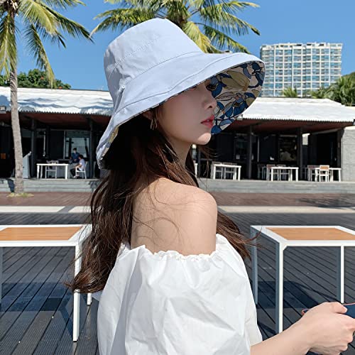 HUAMULAN Women Summer Sun Hat Wide Brim Wired Edge Floral Beach Bucket Hats Reversible Foldable Travel UV Protection Lady Hat - color: M1744-lightblue