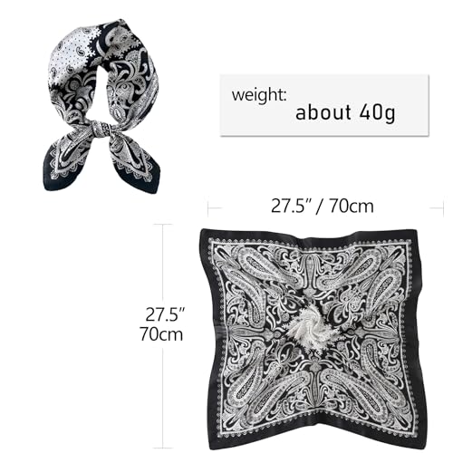 CHUNG Women's Scarf Hair Bandanas Square 27.5" Satin Wrap Fashion Pattern Scarves Emulation Silk Handbag Ribbons Necktie - color: Black Paisley