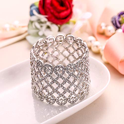 EVER FAITH Art Deco Love Knot Wide Stretch Bridal Bracelet Austrian Crystal - color: Clear Silver-Tone