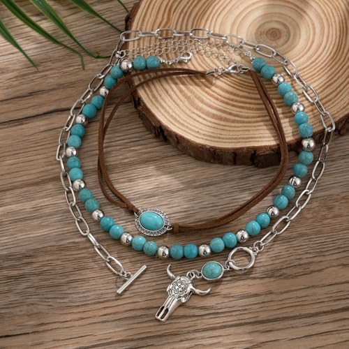 Fuqimanman2020 Boho Layered Western Necklaces for Women Cowgirl Cactus Turquoise Beaded Ox-head Hat Pendant Country Concert Jewelry - color: A