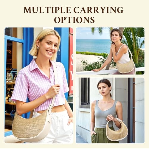 Herald Straw Crossbody Bag for Women Beach Woven Hobo Handbag Summer Chic Crescent Shoulder Purses with Adjustable Strap - color: Beige