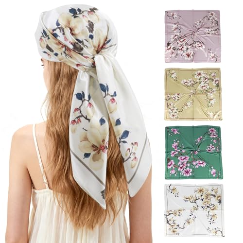 Ciormis 35" Silk Head Scarf for Women, 4 Pcs Satin Hair Scarf Square Silk Bandana Top Neck Scarves Hair Wraps for Sleeping - color: E1-flower-set22