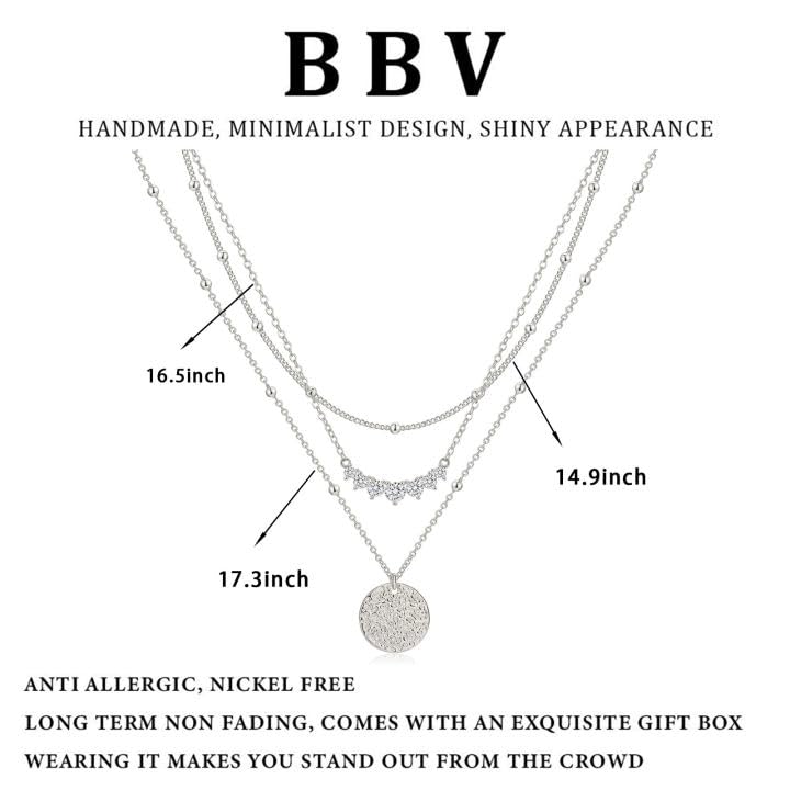 BBV Layered Gold Necklaces for Women Stackable Dainty 14K Gold Plated Silver Chain Necklace Layering Cute Fashion Pendant Choker Necklaces Trendy Jewelry Set Gifts for Women - color: silver, style: hammered texture round
