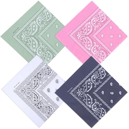 Mochabao 100% Cotton 27" x 27" Large Bandanas for Men & Women, Multi-Purpose Bandana Headbands, Square Head Scarf - color: White/Gray/Pink/Sage Green
