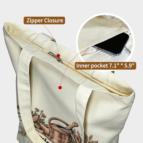 itgowisa Canvas Tote Bag for Women, Tote Bag with Zipper Inner Pocket, Zippered Canvas Bag for Shopping Work Grocery Everyday - style: Plant Lover