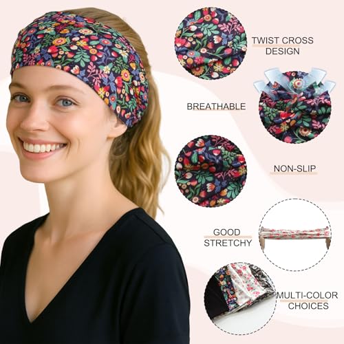 Artilady 6 Pack Boho Headbands for Women - Wide Bandana Headband Non Slip Stretchy Cheetah Flower Turban Headwarp Twisted for Girls - color: Floral Print