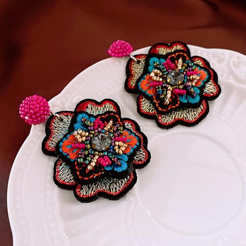 Boho Floral Embroidered Earrings with Colorful Bead Accents and Crystal Center for Women - color: Colour