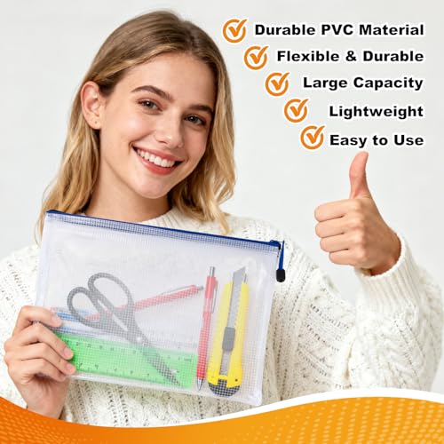 Mesh Zipper Pouch Bags - 5 Pack Large Waterproof Zipper Bags 13.2 x 9.4 Inch Clear Mesh Storage Pouches Assorted Colors for Home, Office, Travel, Puzzles, Cosmetic, Accessories - size: 13.2 x 9.4 Inch