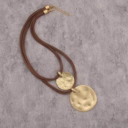 GelConnie Long Necklaces for Women Boho Large Pendant Necklace Casual Bohemian Brown Leather Choker Sweater Circle Statement Stone Necklace - style: Large Gold Pendant Necklace