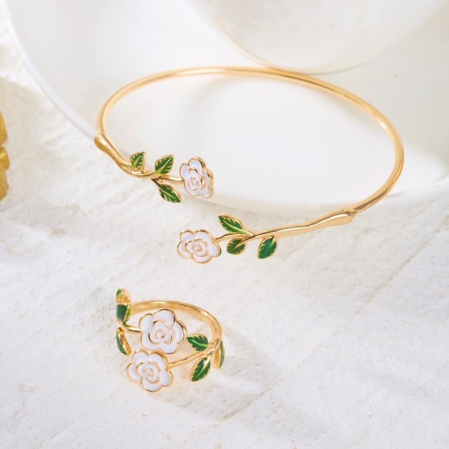 Caiyao 2Pcs Adjustable Sunflower Open Cuff Bangle Bracelets Ring Gold Tone Enamel Daisy Flower Floral Upper Arm Armband Bracelet for Women Boho Summer Inspired Floral Jewelry Gifts - style: StyleC
