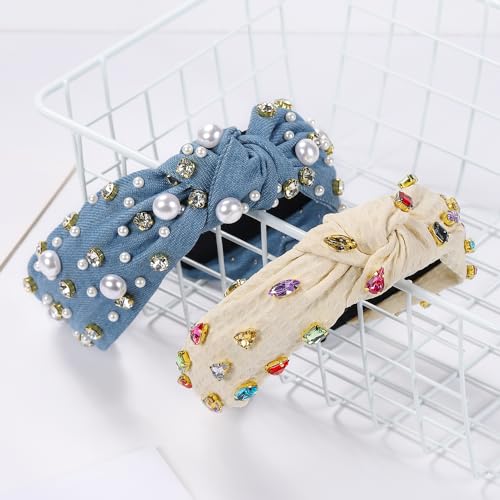 WantGor Pearl Knotted Headband, Women Rhinestone Embellished Hairband Elegant Wide Top Knot Bride Headbands Headpieces Party Fashion Elegant Ladies Hair Band Hair Hoop Accessories (Denim blue) - color: Denim blue