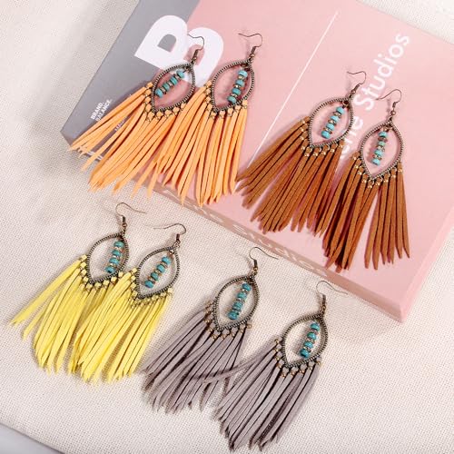 Long Bohemian Fringe Leather Earrrings Handmade Tassel Earrings with Turquoise Christmas Long Dangle Earrings for Women rodeo jewelry - color: 4