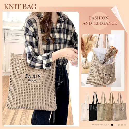 Ayieyill Crochet Tote Bag For Women, Crochet Mesh Beach Tote Bag Summer Vacation Aesthetic Boho Knit Bag for Women - color: G/Light Khaki