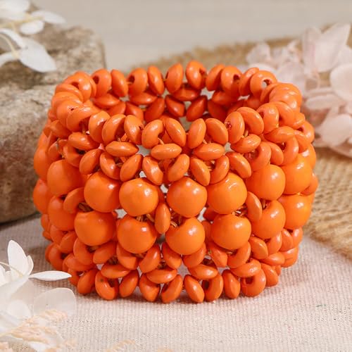 Boho Wide Chunky Colorful Wooden Thick Shell Elastic Stretch Bracelet Handmade Bohemia Summer Beach Vacation Adjustable Lightweight Wood Wristband Jewelry for Women - color: orange