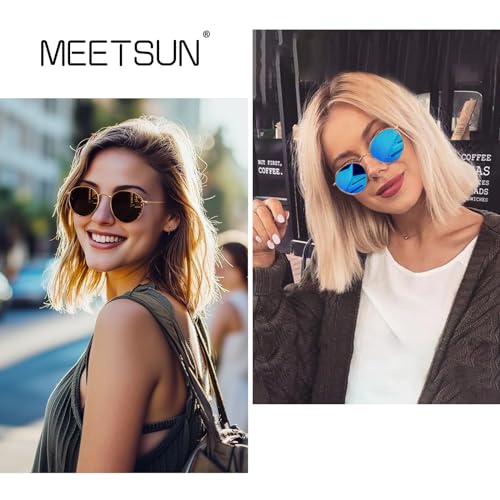 MEETSUN Round Polarized Sunglasses for Women Men Classic Retro Metal Frame Sun Glasses UV Protection - color: (2 Pack) Gold/Blue + Gold/Grey