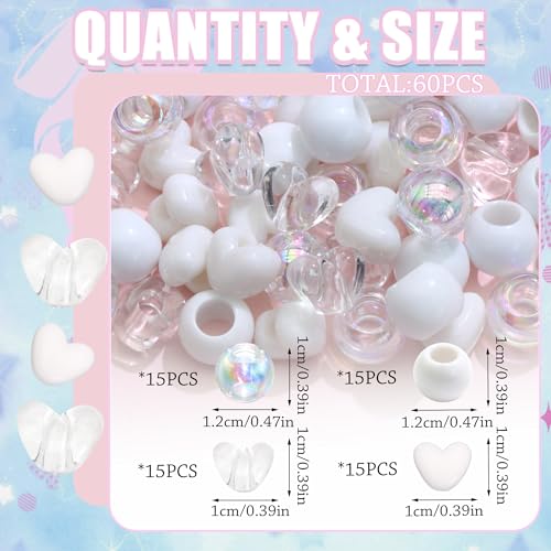 60PCS White Clear Heart Hair Beads for Braids Loc Dreadlock AB Color Round Bead Accessories Cute Acrylic Pony Beads Valentine's Day Decor for Kids Girls - color: White&Clear