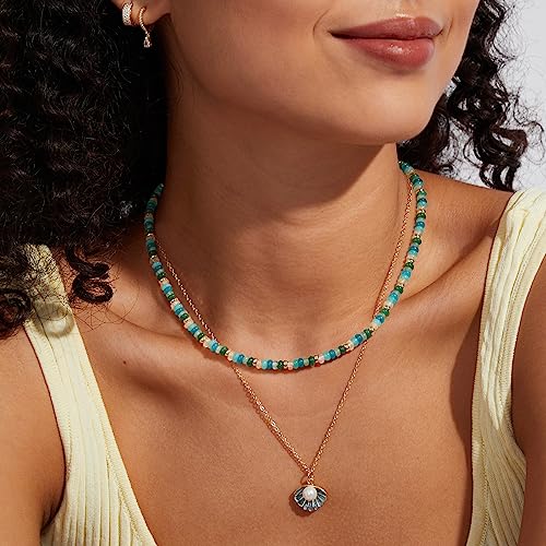 KissYan Boho Beaded Choker Necklace for Women, Gemstone Choker Natural Stone Freshwater Pearl Surfer Necklaces 14K Gold Plated Summer Beach Handmade Jewelry - color: E-Amazonite