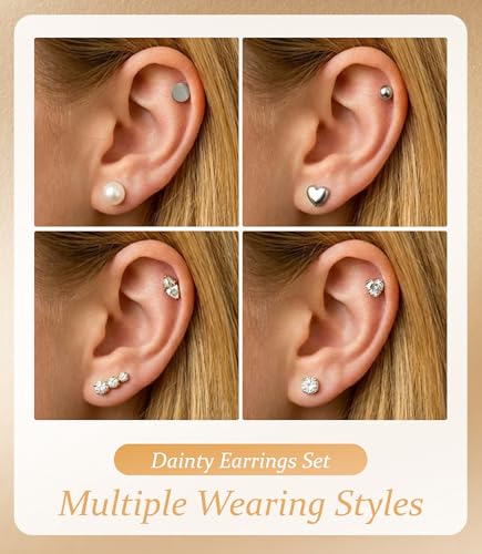 Incaton Hypoallergenic Flat Back Earrings for Women Silver 14K Gold Plated Surgical Stainless Steel Stud Earrings Cubic Zirconia Cartilage Studs Earrings For Multiple Piercing Sensitive Ears - color: 5-SILVER
